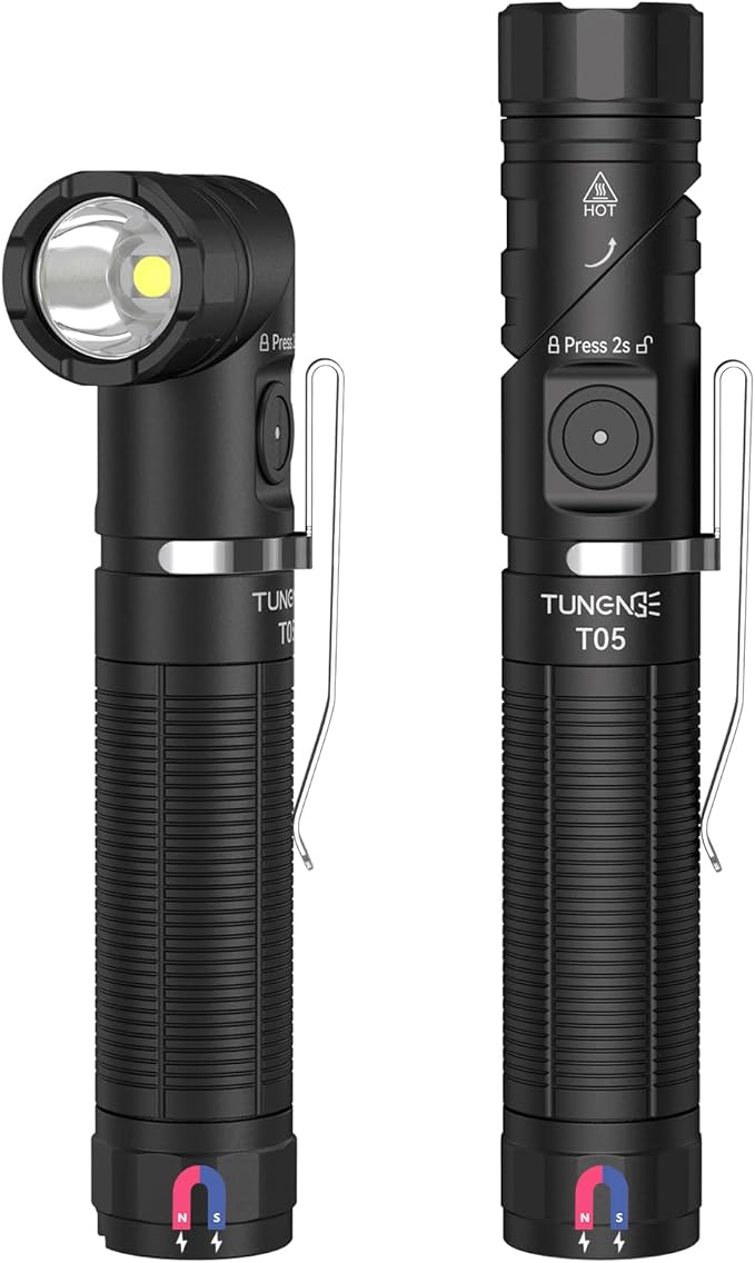 TO5 EDC Tactical Flashlight Rechargeable, 1500 High Lumen 90 Degree Work Light with Magnet, 6 Mode Super Bright Small LED FLA shlight for Work Maintenance, Outdoor, and Emergency Situations