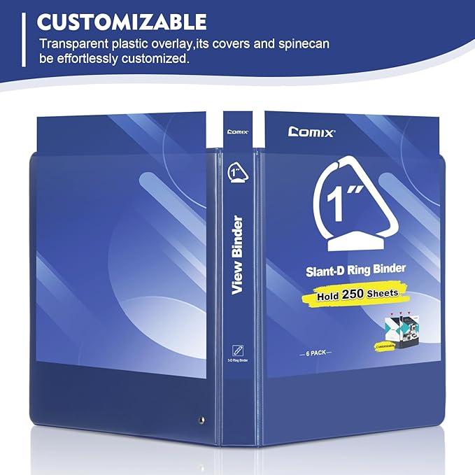 COMIX Sturdy 1 Inch Binders 3 Ring with Clear View Cover, 1" Slant-D Ring View Binder Holds 225 Sheets of US Letter Size Paper, 6 Pack (Blue)