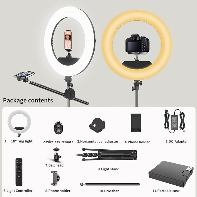 55W18 45cm Ring Light Kit [New Version] 6700K Dimmable LEDRinglightTripod Stand Dual Phone Holder for iPhone Selfie Makeup LashTattoo Studio Lighting Painting,Photo Video Recording (White)