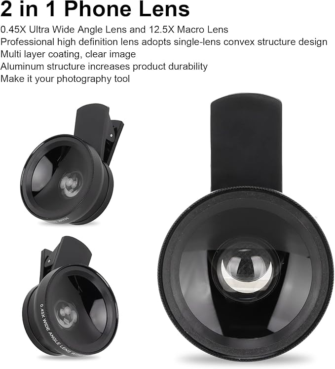 Phone Camera Lens, 2 in 1 Phone Lens Kit, 0.45X Ultra Wide Angle and 12.5X Macro Lens, with Travel Case, HD Professional Universal Clip Lens Kit for Most Smartphones, Tablets(Black)