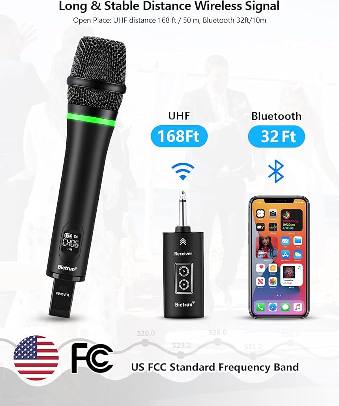 Bietrun Wireless Microphone Rechargeable, 168FT Range Bluetooth Microphone Wireless (Work 7 hrs) with 1/4'' Output, UHF Metal Handheld Dynamic Mic for Karaoke Machine/PA System/Speaker/Church/Wedding