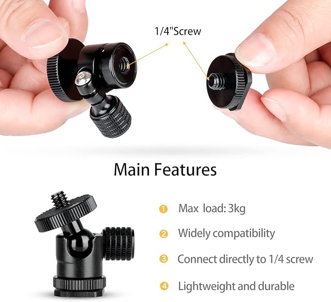 koolehaoda 1/4 Mini BallHead & Hot Shoe Mount Adapter for Camera Video Light Tripod Monopod (1/4 Ball Head)