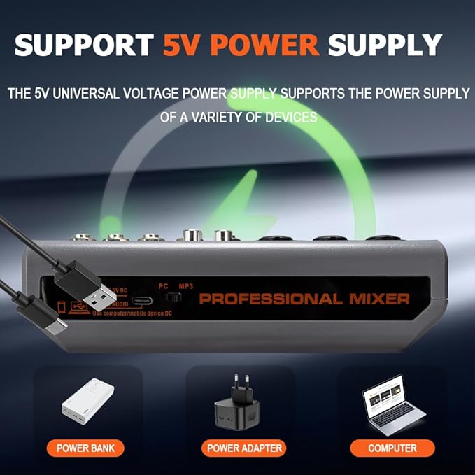 5 Channel Professional Audio Mixer Console Sound Board with 48V Phantom Power,USB Audio Interface for Live Show,Streaming Recording Music Stage Karaoke