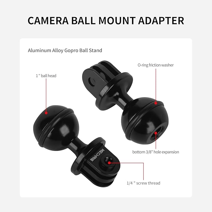 Mechrig Ball Mount Adapter,1" Ball Aluminum for Gopro Hero13/12/11/10 Insta360 X4/X3 DJI Action 5 Pro and Other Action Cameras,Compatible with RAM Ball Head Mounts B Size Double Socket Arm (MR63031)