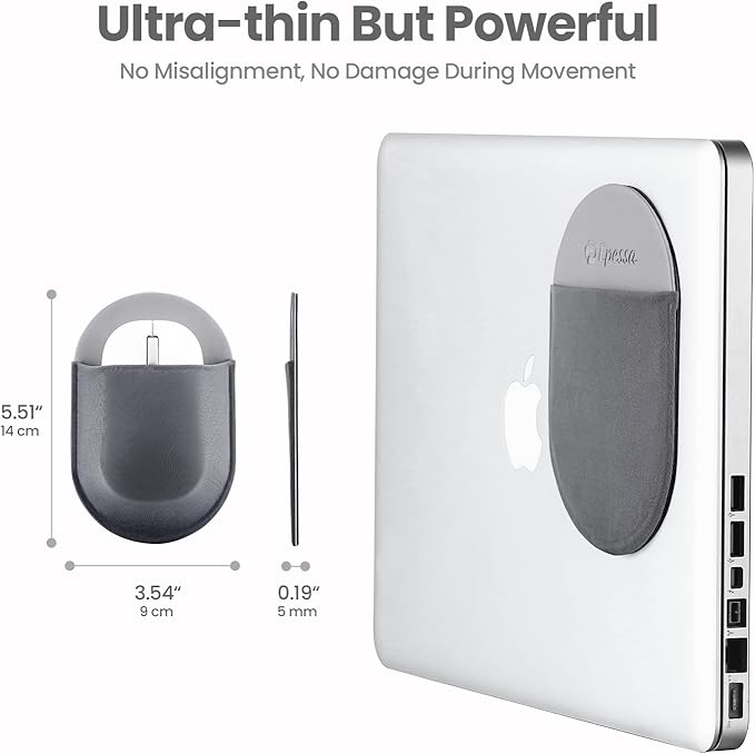 Epessa Universal Stick-On Mouse Pouch, Holder for Wireless Mouse, Sleeve for Laptop, Reusable Adhesive, No Glue Residue, Compatible with iPad or MacBook (Grey)