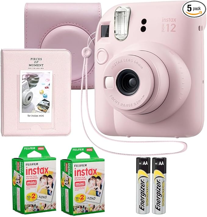 Fujifilm Instax Mini 12 Instant Camera Blossom Pink Bundle – Includes 40-Sheets Instax Mini Film, Protective Case, and Mini Photo Album