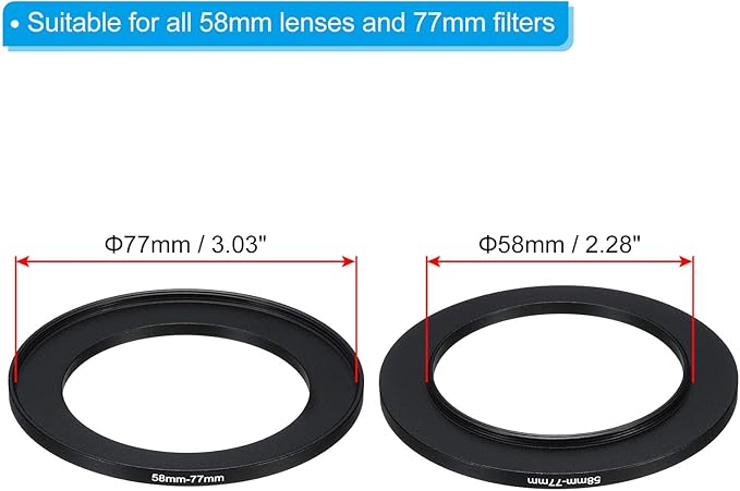 PATIKIL 58mm-77mm Metal Step Up Ring with Cleaning Cloth, 2 Pack Camera Lens Filter Adapter Ring Aluminum Filter Adapter Ring for Camera Lenses Hood, Black