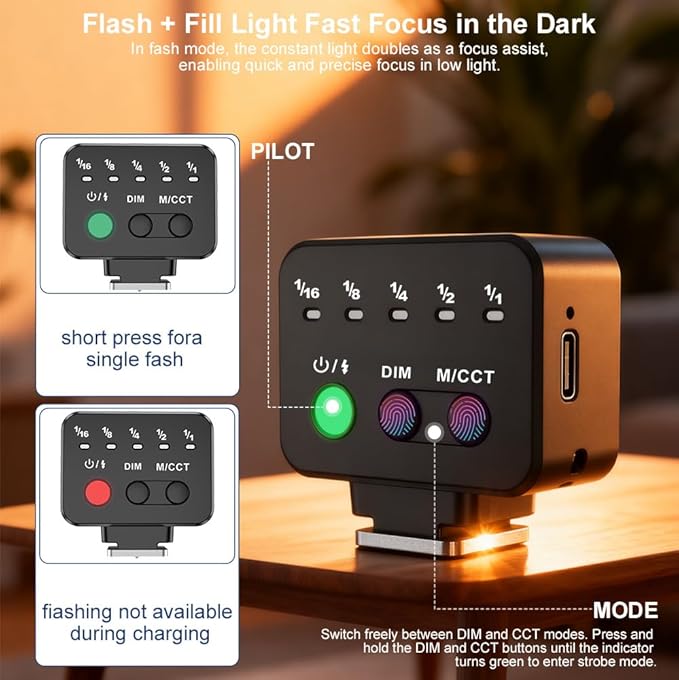 Mini Flash Speedlite, Desiontal 2700-6500K±300K CRI >97 Camera Flash Light for Canon Olympus Sony Fuji Nikon Pentax Hot Shoe Interface Camera, 5 Power Level 300mAh Battery