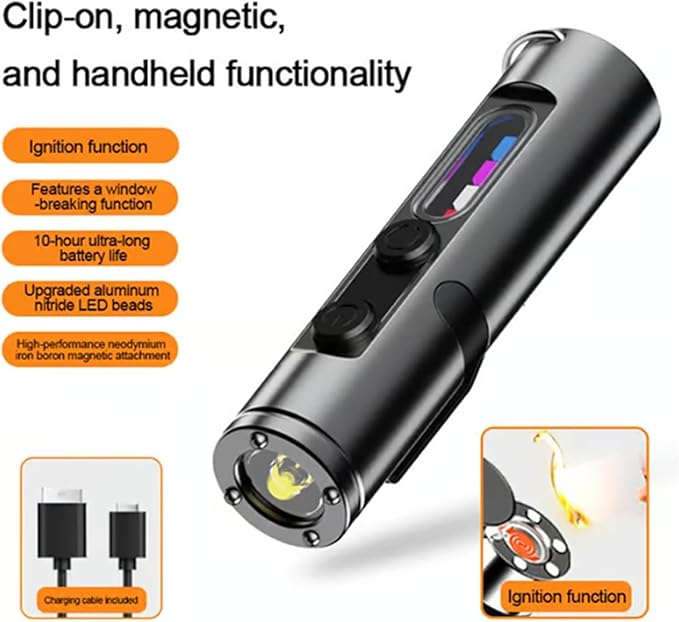 Pocket Rechargeable EDC Flashlight: 500 Lumens Mini Keychain Light with Fire Starter & Window Breaker, 3 Color Sidelights, for Camping, Everyday Carry (Black)