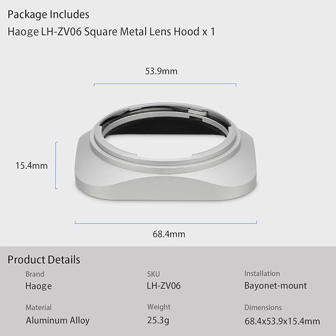 Haoge LH-ZV06 Metal Lens Hood for Zeiss Distagon T 21mm F/2.8 ZM, C Biogon T 21mm f/4.5 ZM, 25mm f/2.8 ZM, 28mm f /2.8 ZM, C Sonnar 50mm f/1.5 ZM Lens Silver