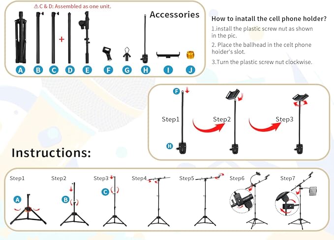 GUITTO Microphone Floor Stand with Phone/Tablet Holder, Adjustable Boom Mic Stand with Heavy-Duty Base, Dual Device Mount for Streaming, Podcasting, Recording, and Live Performances GMS-04