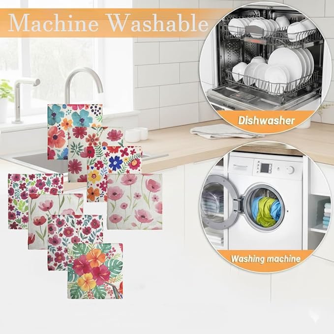 8-Pack Ultra-Fine Microfiber Kitchen Towels, 7-Inch Square with 8 Clips & Multiple Patterns – Soft, Absorbent, Reusable Cleaning Cloths (Flowers)