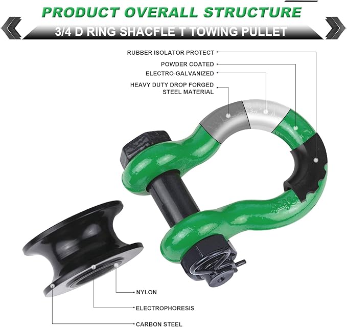 Upgraded Snatch Block, 3/4" D Ring Shackle (2 Pack) 22,000lb Break Strength with Towing Pulley, Heavy Duty Offroad Recovery Accessory for Truck, Tractor, ATV & UTV (DarkGreen)