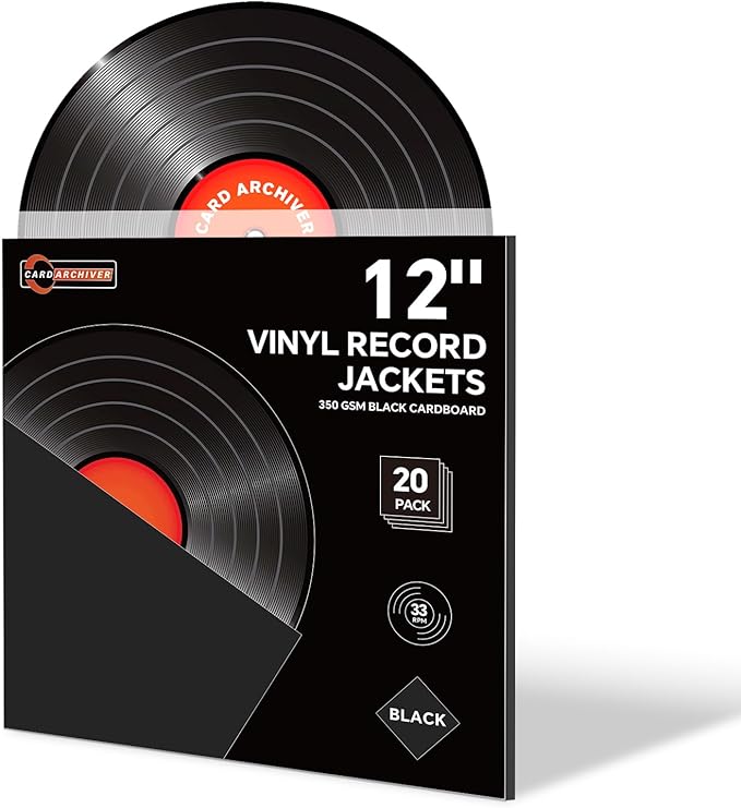 20PCS Black 12-Inch LP Vinyl Record Jackets, 350gsm Cardboard Sleeves with No Center Hole, Blank Album Covers for 33 RPM Storage & Protection, Thick LP Jackets for Record Storage