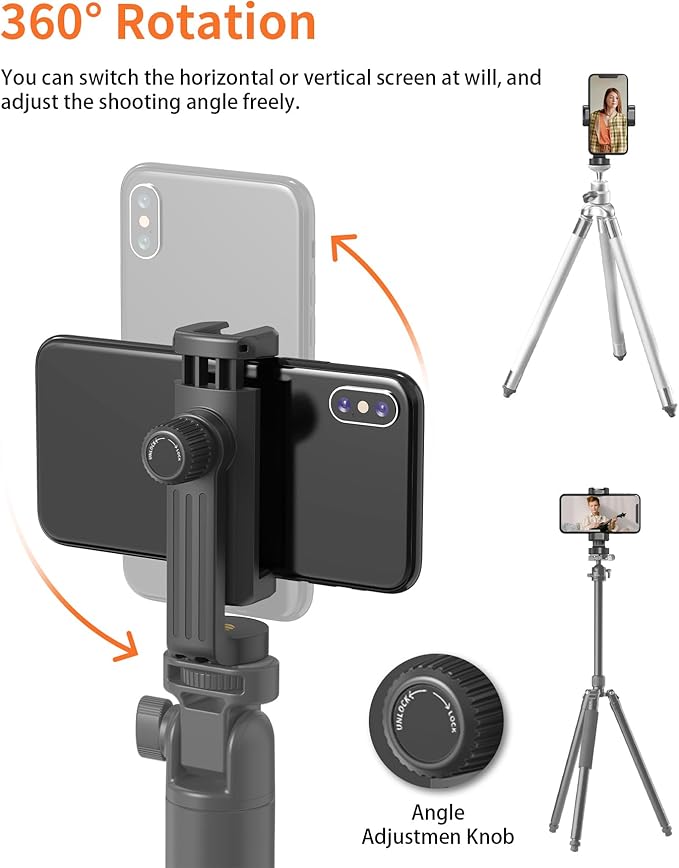 Phone Mount for Tripod, Universal Tripod Mount Adapter with Cold Shoe, 360° Rotates Adjustable Cell Phone Clip Clamp Holder with 1/4" Screw, Compatible with iPhone/Android/4”-7” Phone