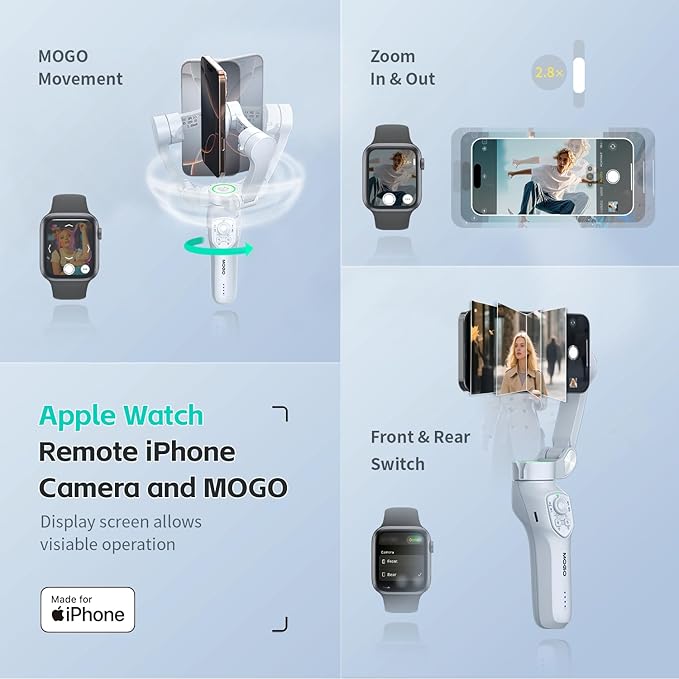 COMITOK Only for iPhone, MOGO [Apple MFi Certified] Gimbal Stabilizer for iPhone with Phone Clip & RGB Light, Support Selecting Tracking Target on Apple Watch & iOS26 Cameras for iPhone 16 15 Pro Max