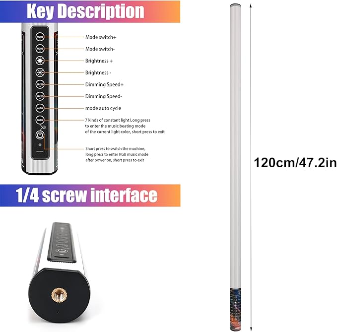 Portable LED Video Light Mood1 Photography Light Stick,Dimmable & Memory,Built-in 2000mAh Battery,4FT RGB Photo Lamp for YouTube,TikTok,Game Streaming,Party Bar (120cm)