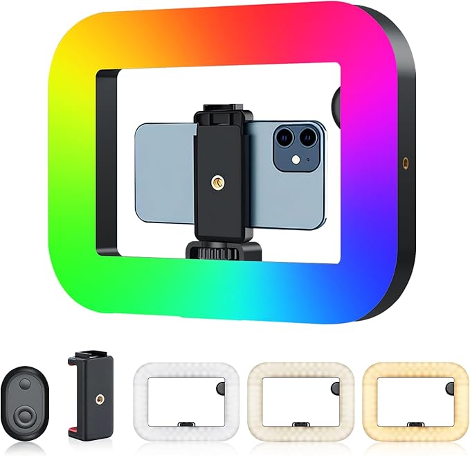 RGB Smartphone Video Rig with Light, Handheld Phone Camera Stabilizer with LED Ring Light, 2500-8500K Selfie Light for Tiktok, YouTube, Live Steam, Video Recording, Make up