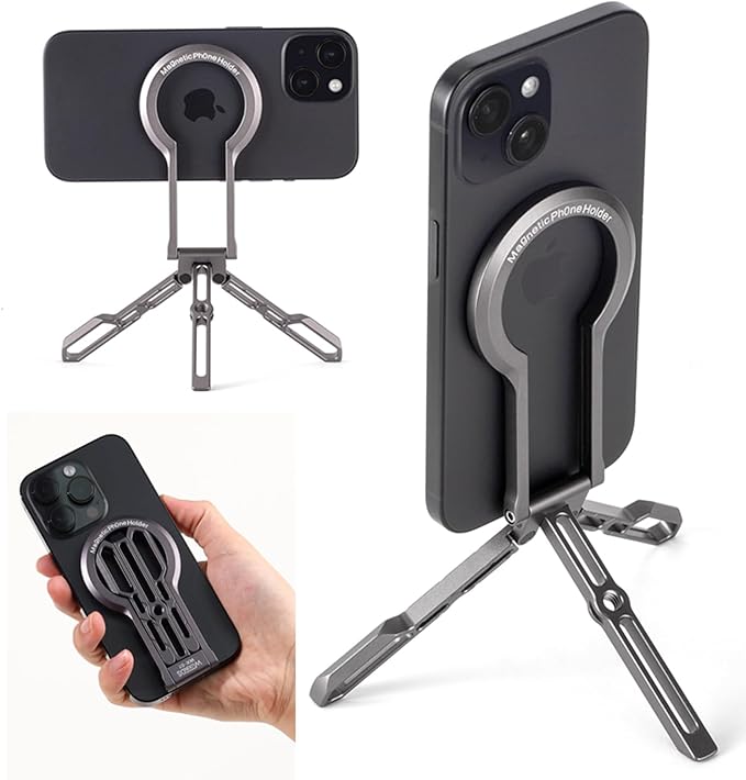 Magnetic Phone Tripod Stand, Aluminium Alloy Strong Magnet Quick Mount Foldable Mini Tripod for iPhone 17/16/15/14/13/12 Series & Android, Ultra-Light Portable Pocket Cell Phone Stand