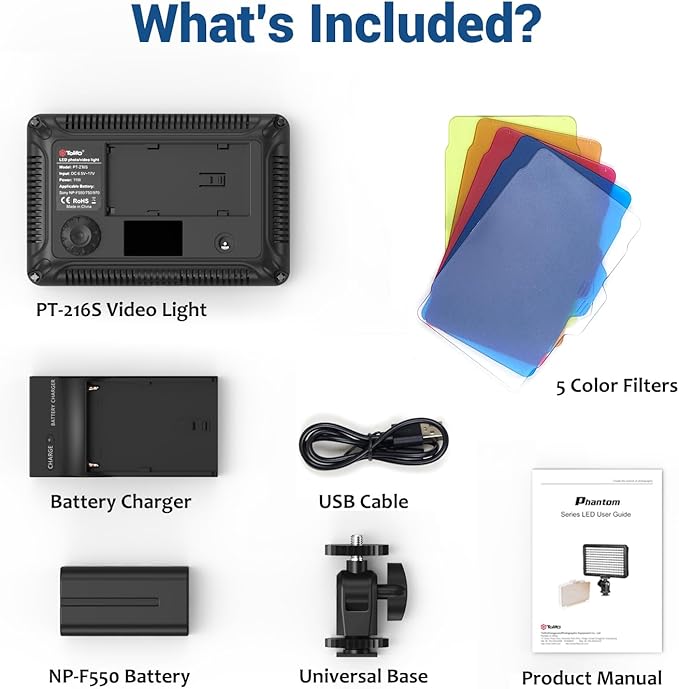 Tolifo PT-216S 13W LED Camera Light, Portable Photo Video Light CRI 95+ for DSLR Camera Camcorder/Photography Lighting/Video Recording, 2200mAh Battery Rechargeable, 5 Color Filters, Hot Shoe