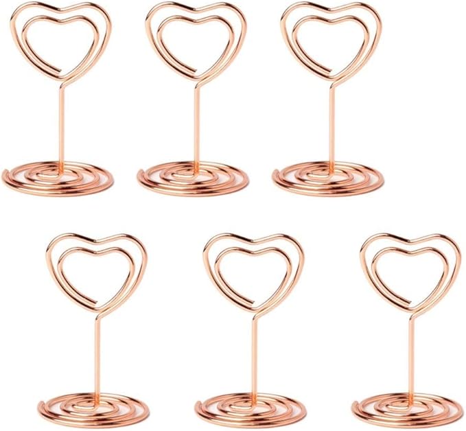 Jofefe 20pcs Mini Place Card Holder, Table Number Holders, Table Card Holders, Table Number Stands, Wire Table Picture Photo Holder with Heart Shaped Menu Clips for Wedding Favors (Rose Gold)