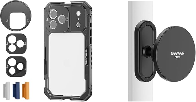 NEEWER PA144 (Black) Phone Cage Compatible with iPhone 17 Pro Max + PA099 Magnetic Phone Holder Mount for Golf Cart Car, Quick Release Video Rig Stabilizer with 67mm Filter Ring, 17mm Lens Backplate