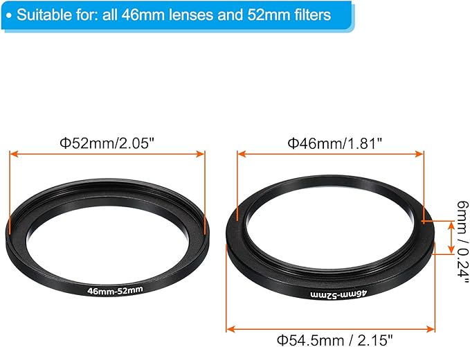 PATIKIL 46mm-52mm Metal Step Up Ring, 2 Pack Camera Lens Filter Adapter Ring Aluminum Filter Adapter Ring for Camera Lenses Hood, Black