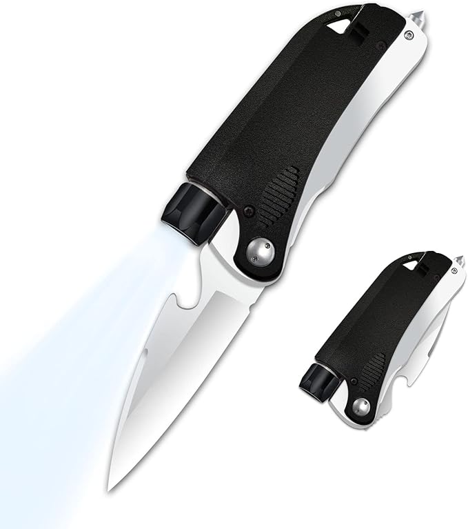 Led Mini Flashlight 6-in-1 Utility Folding Pocket Knife with Bottle Opener Glass Breaker Buckle Whistling Multi-Function Emergency Tool for Hiking Survival Camping Hunting