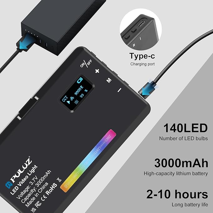 PULUZ 140 RGB Video Lights,Portable LED Camera Light Panel 0-360 Full Color with 1/4 Cold Shoe,CRI 95+ 2500-9000K LED 3000mAh Rechargeable DSLR Lighting for Photography,Video Conference,Vlogging