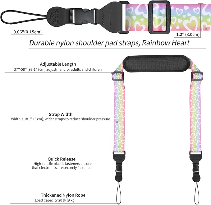 Universal Shoulder Strap, Neoprene Padded Bag Strap with Double Adjustable Buckles, Comfortable Neck Lanyard for Camera, Cellphone Tablet,iPad, Laptop, Binocular, Luggage Bag(Rainbow Heart)