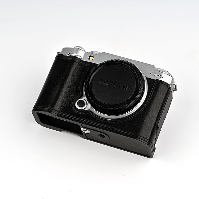 Uchandmade Handmade Genuine Leather Camera Half Case for Fujifilm X-M5/Fujifilm X-M5 Camera Case/Fujifilm X-M5 Case - Top Layer Cowhide Body + Metal Base Plate (Jet Black)