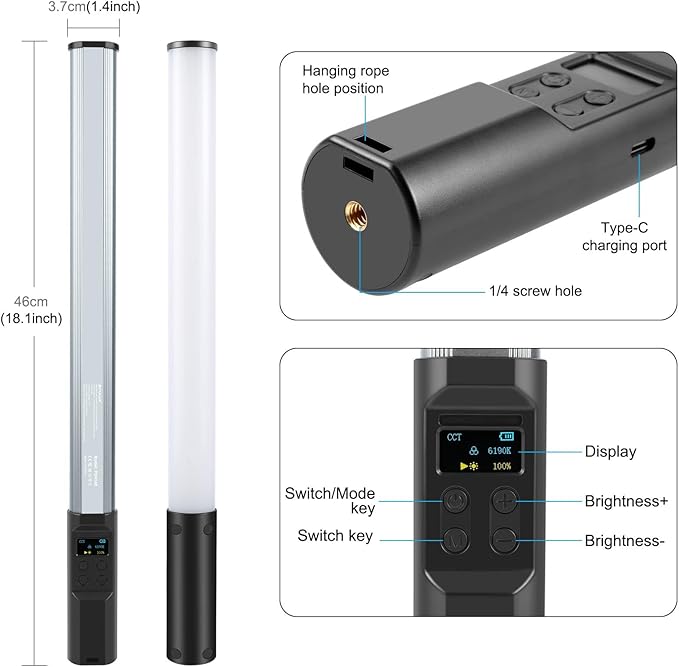 PULUZ RGB LED Video Light Stick, Photography Lighting Wand with 132 LEDs Lights, Dimmable 2500K~9000K CRI95+ Full Color LED Light with 2600mAh Battery, 20 Light Scenes