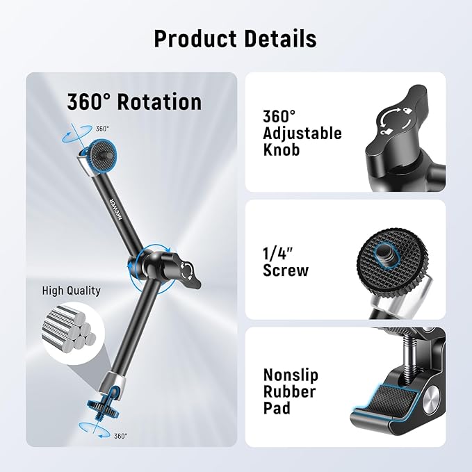 NEEWER 9.8"/25cm Adjustable Magic Arm with Basic Mini Ball Head, Super Clamp, 1/4" & 3/8" Threads, 1/4" Screws for Flash/LED Light/Microphone/Monitor, Compatible with SmallRig Camera Cage, ST25C