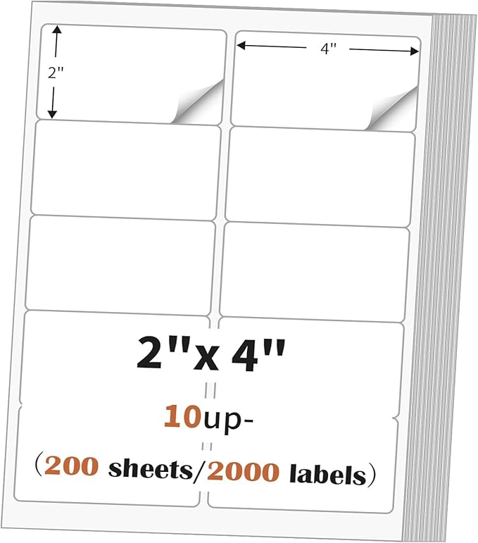 2"x 4" (200 Sheets) Address Labels Sticker Paper for Laser/Ink Jet Printer, Printable and Writable White Sticker Label- Matte, 10 per Page Label (Total 2000 Labels)