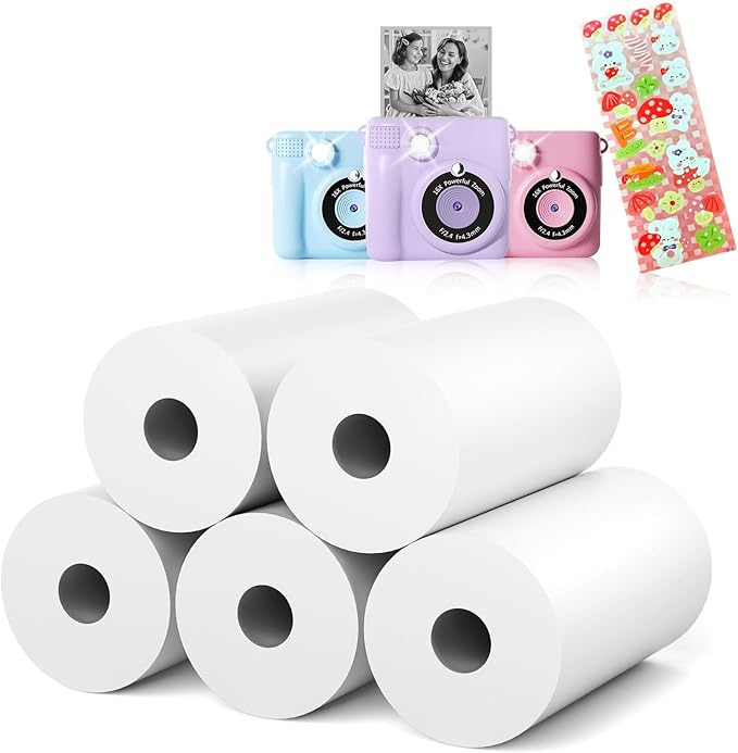 5 Rolls Kids Camera Paper Roll Refill - HD kids camera instant print paper, 55x25mm Print 180 Sheets with Cute Stickers, Scratch-Resistant, BPA Free, Suitable for 99% of Instant Print Camera for Kids