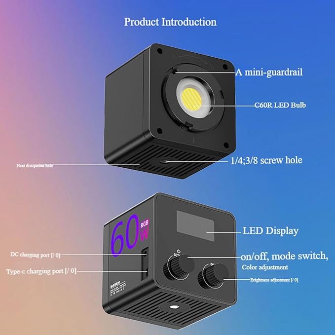 Handheld Portable Video Light, Live Streaming Atmosphere Lighting, LED Video Light with RGB & 24 Scene Modes, 60W 2500 6500K Adjustable Charging Type C for Outdoor & Shooting (B)