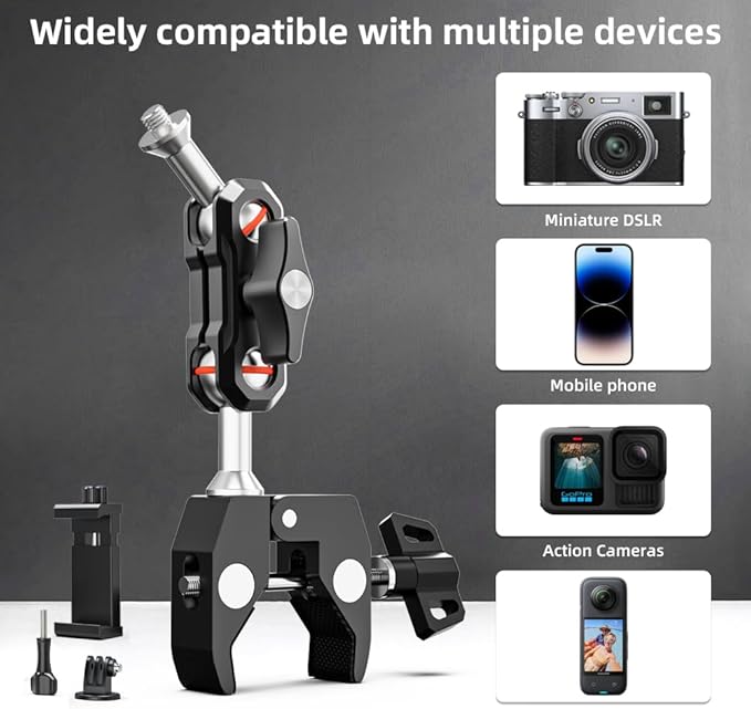 Super Camera Clamp Mount, Aluminum Alloy Double Ball Head Magic Arm Adapter, Fence/Desk/Tripod Mount for Most Phone, for Insta360 X5/X4, for Gopro 13/12/11, DJI Action 5Pro/4/3 and More Action Cameras