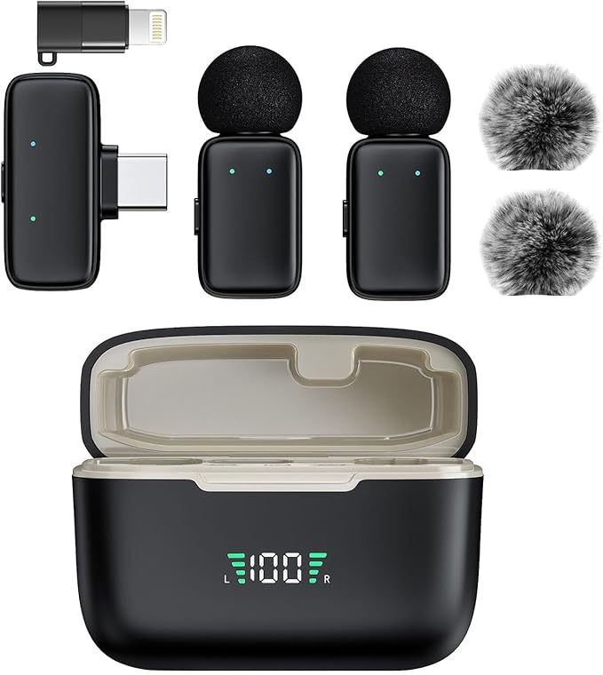 Mini Wireless Lavalier Microphone for iPhone/Android/Tablet/PC with Lightning/USB-C Plug, Noise Cancellation, Wireless Clip-on Mic with Charging Case for Video Recording TikTok YouTube Podcast