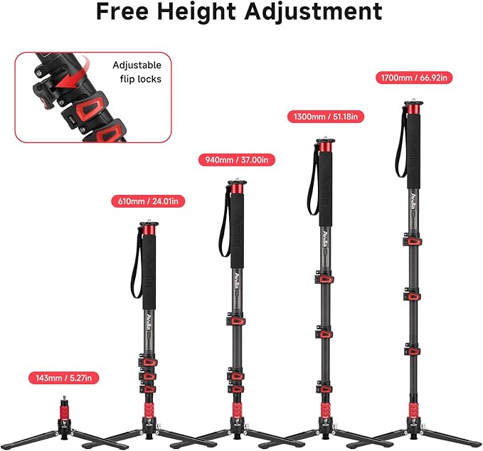Avella C324D Carbon Fiber Monopod — 67" Telescopic Video Monopod for DSLR & Mirrorless Cameras