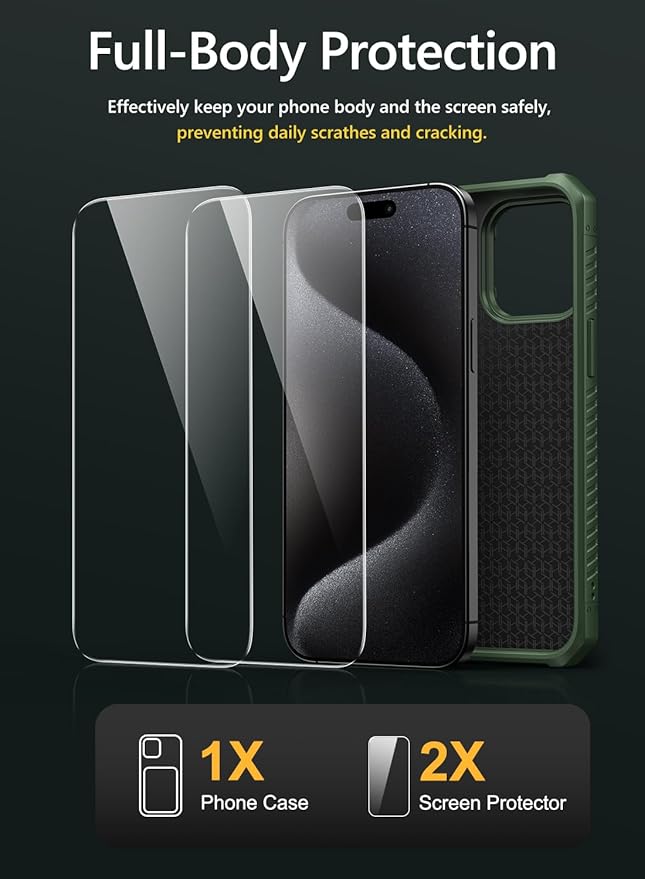 Vihibii for iPhone 15 Pro Max Case with Card Holder (4 Cards), Built-in 2X Tempered Glass Screen Protector & Slide Camera Cover & Kickstand, Military Grade Drop Protection, Rugged Wallet Case, Green