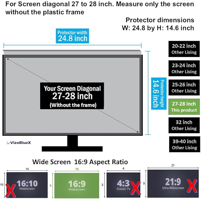 VizoBlueX 27-28 inch Anti-Blue Light Filter for Computer Monitor. Blue Light Monitor Screen Protector panel (24.8"x14.6") Fits LCD TV PC Mac Monitors