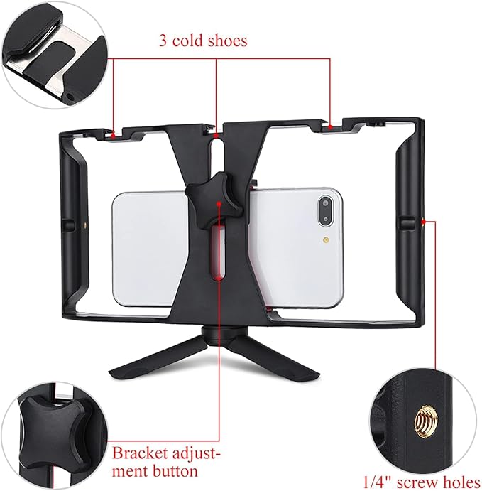 Smartphone Video Rig, Phone Video Cage Grip with Cold Shoe Mount Filmmaking Vlogging Case Phone Stabilizer Mount Phone Holder for Video Recording Handheld Stabilizer for Videomaker Videographer