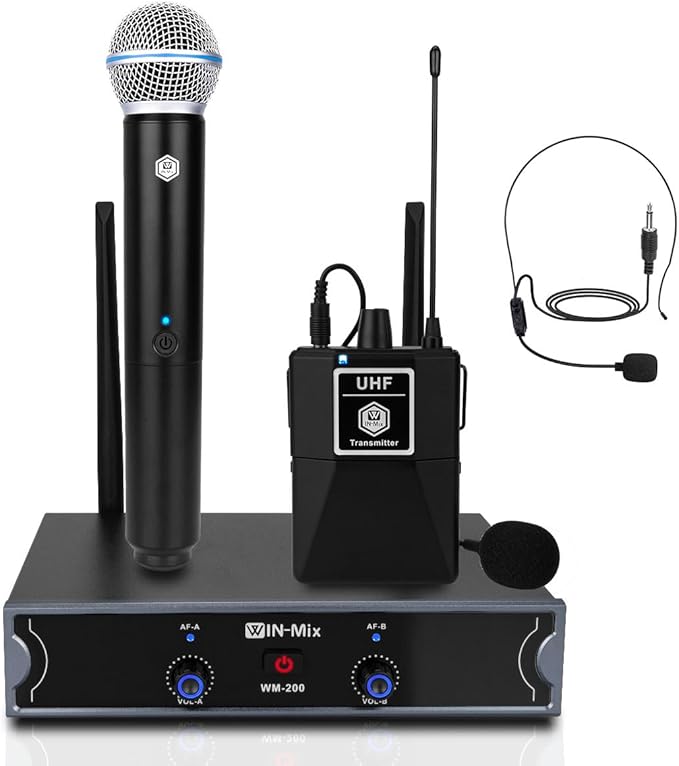 W IN-MIX Dual Wireless Microphone System with 1 Handheld & 1 Bodypack, 260ft UHF Range, Fixed Frequency for Church, Wedding, Conference & Live Speaking