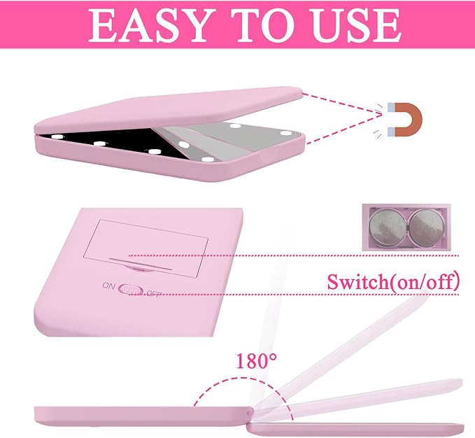QUELIEN Compact Mirror LED Lighted Pocket Mirror for Women, Sleek Pink Mini Travel Compact Mirrors with 8 Bright LED Lights, Portable Compact Mirror with Light for Makeup, Purse, and On-The-Go Use