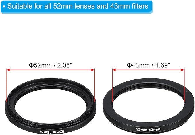 PATIKIL 52mm-43mm Metal Step Down Ring with Cleaning Cloth, 2 Pack Camera Lens Filter Adapter Ring Aluminum Filter Adapter Ring for Camera Lenses Hood, Black