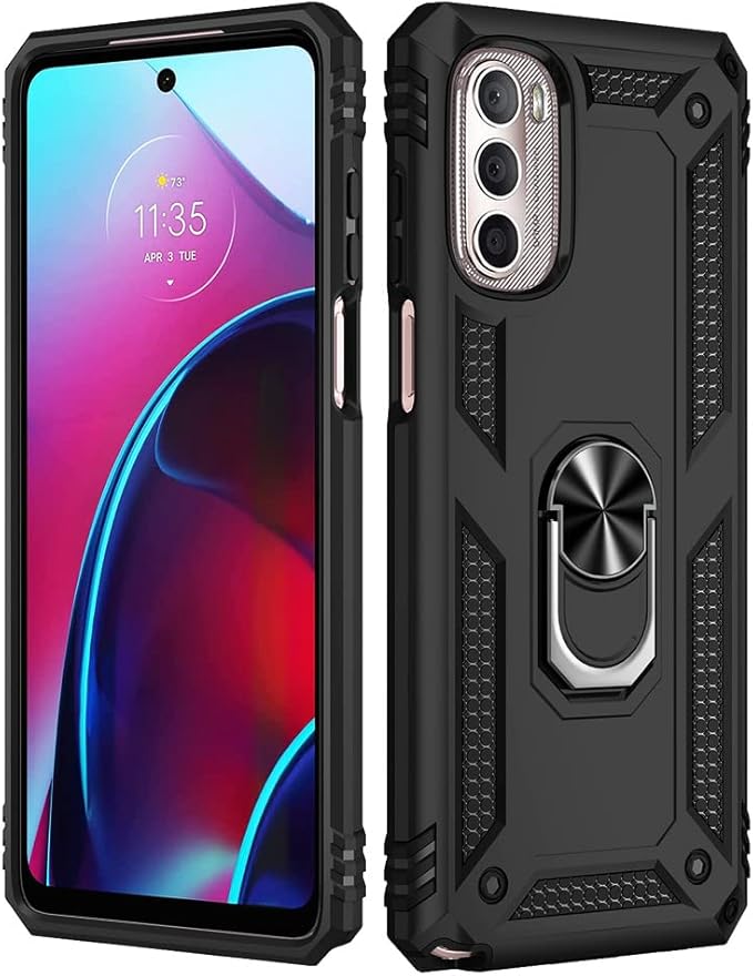 Androgate Phone Case for Motorola Moto G Stylus 2022 4G, Black, with Metal Ring Kickstand, Shockproof Cover, Compatible with HD Screen Protector