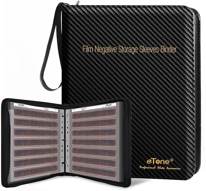 eTone Film Negative Storage Kit, Black PU Leather Album with 50Pcs 35mm Film Acid-Free Sleeves, 13.18x7.08x1.96 Inch, Triple Ring Binder Box