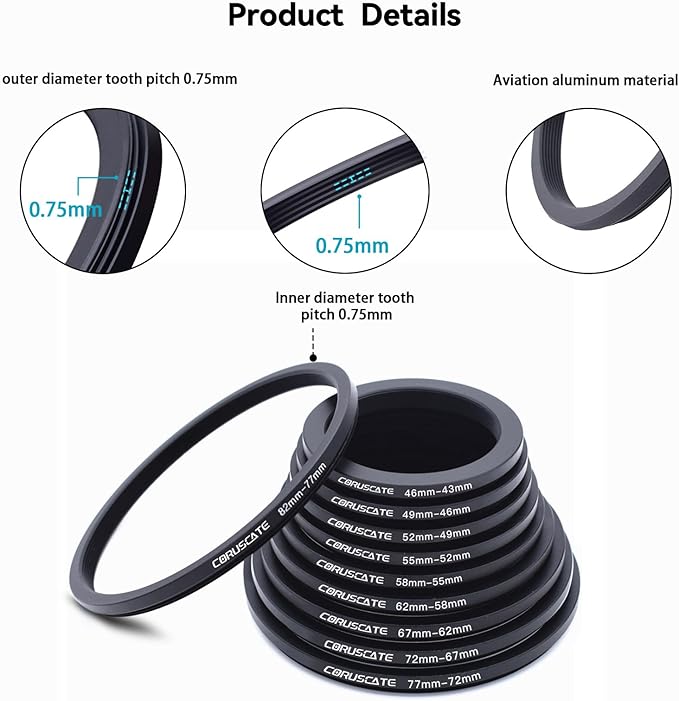 10 Pieces Step Down Ring,Camera Lens Filter Metal Filter Rings Compatible All Brands UV ND CPL (46-43mm,49-46mm,52-49mm,55-52mm,58-55mm,62-58mm,67-62mm,72-67mm,77-72mm,82-77mm)