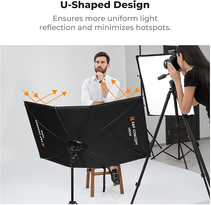 K&F CONCEPT Curved Reflector, Quick-Open Clamshell Light Reflector with Stand & Carrying Bag – 48"x26" U-Shape Photography Diffuser for Studio Portrait & Video Shooting, 4-in-1 Black/White/Silver/Gold