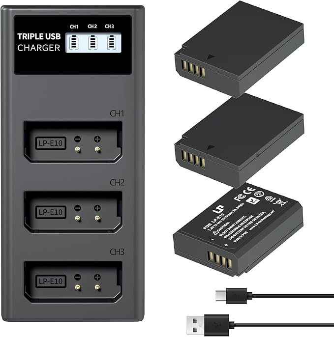 LP LP-E10 Battery Charger Pack, 3-Pack 1600mAh Replacement Battery, Triple Slot Charger, USB Battery Charger for Canon EOS Rebel T7, T6, T5, T3, T100, 4000D, 3000D, 2000D, 1500D, 1300D & More